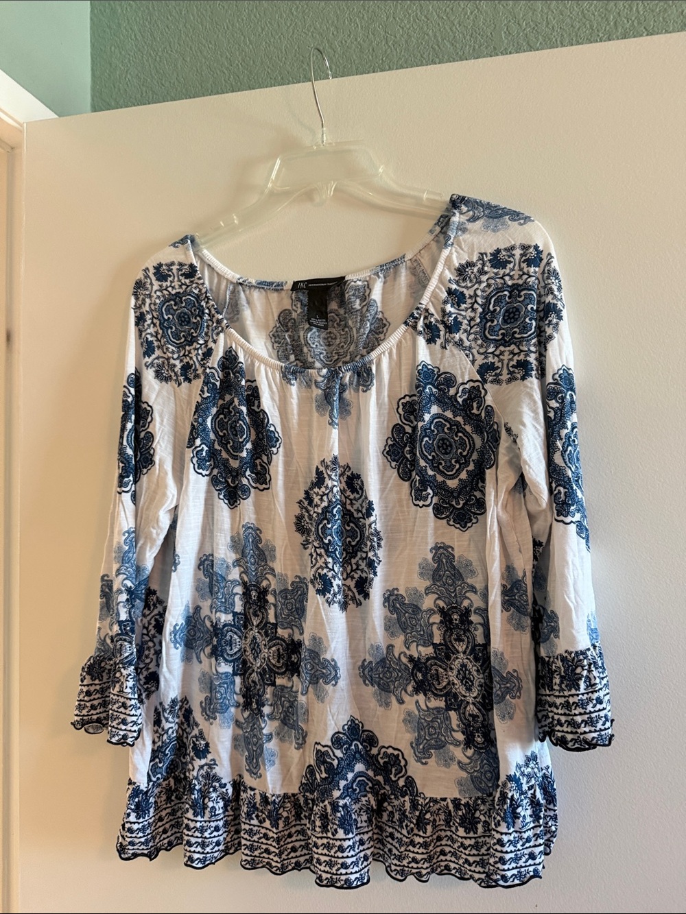 INC International Concepts White Tunic with Navy Medallion Print